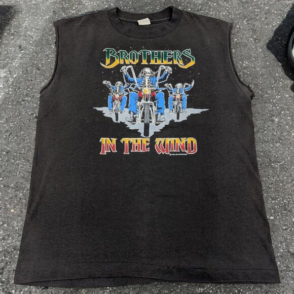 Vintage 1986 Brothers In The Wind‎ Biker T Shirt Sz L 80s 50/50 sleeveless *READ - Picture 1 of 10